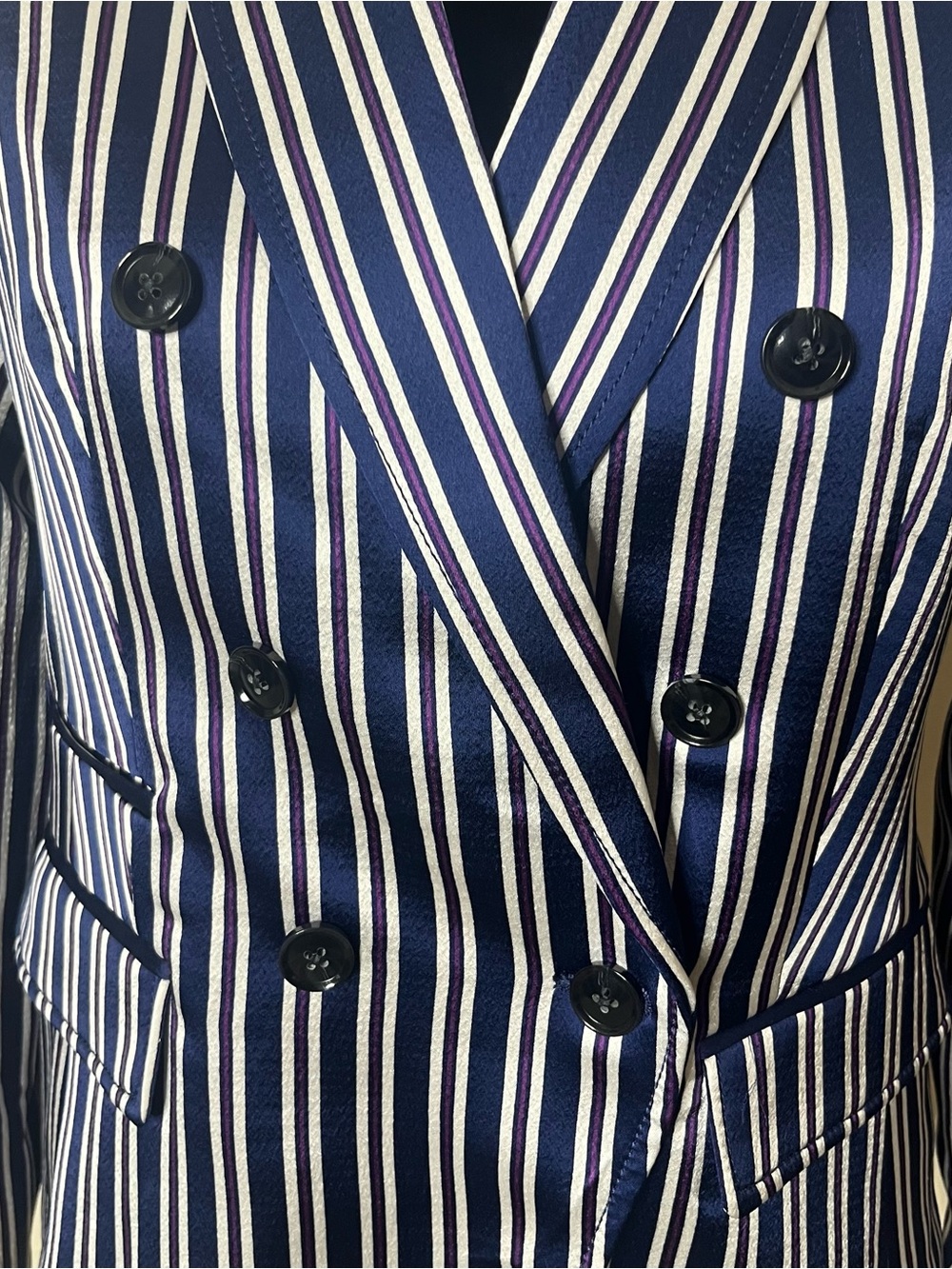 Banana Republic Women’s Navy Red White Striped Double-Breasted Satin Blazer Sz 2 - Picture 3 of 10